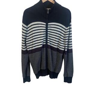 Merona NWT Navy Grey Striped Cardigan Mock Neck Full Zip Preppy Normcore Sz L